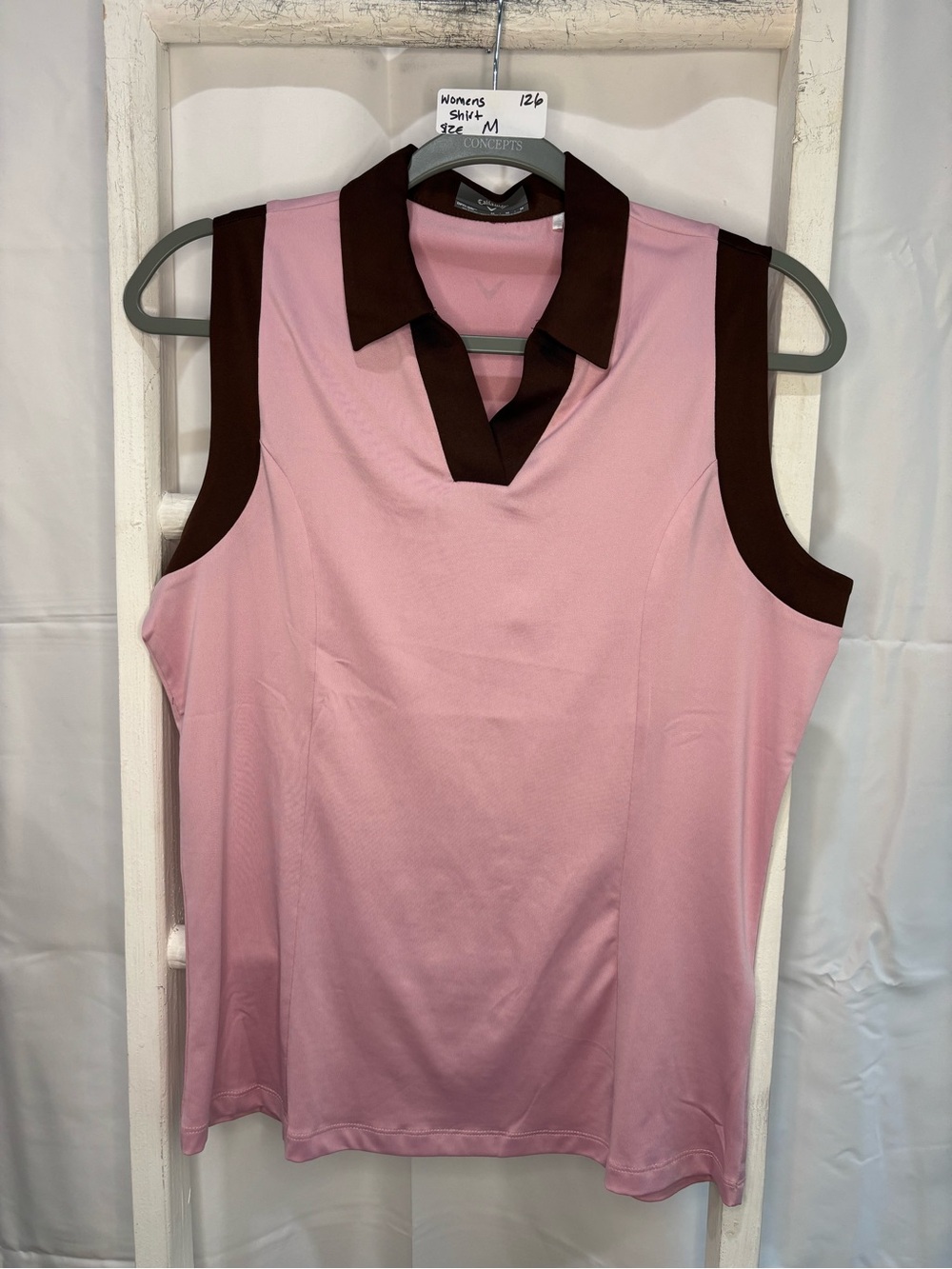 Callaway Pink Sleeveless Polo Tank with Dark Brown Trim
